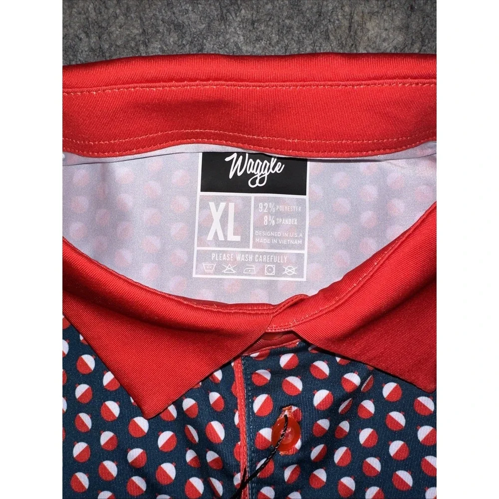 Waggle Mens Bobby Golf Polo Size XL with all over Red Bobbers print Blue-(005-6) - Picture 2 of 6